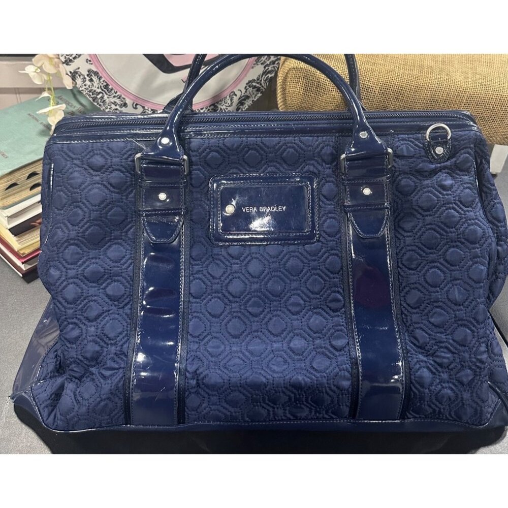 Vera Bradley Navy Quilted Travel Tote With Striped Lining & Leather Handles